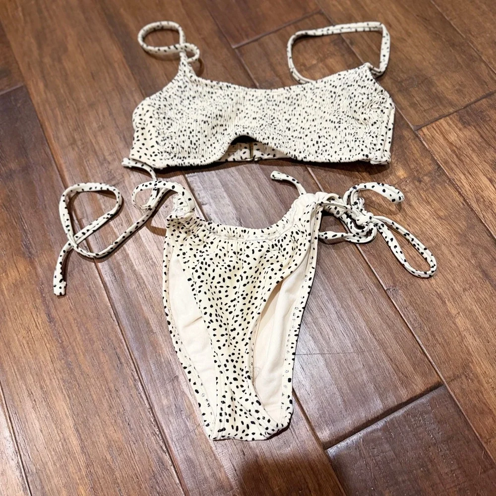 Xhilaration Womens Cream Black Dalmatian Polka Dot Smocked Bikini Set‎ Size M